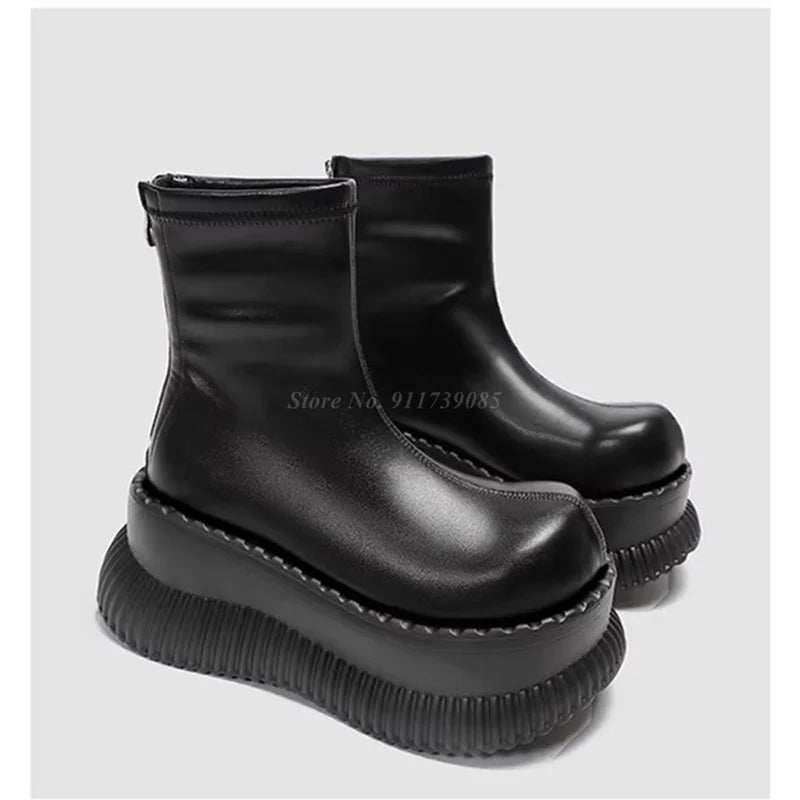 8cm Thick Sole Women's Ankle Boots - Black Leather Elastic Short Boots with Big Toe Design | Street Fashion High Top Boots for Casual Wear & Night Out