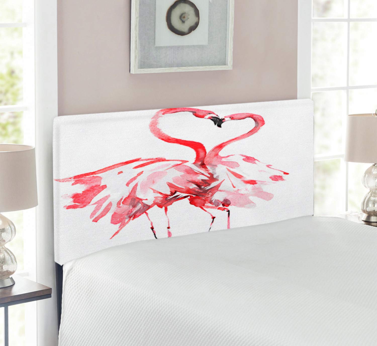 Ambesonne Flamingo Headboard - Romantic Watercolor Flamingo Couple Kissing Design, Upholstered Metal Bed Headboard with Memory Foam, Twin Size, Dark Coral & White - Perfect for Master Bedroom, Guest Room & Bohemian Home Decor