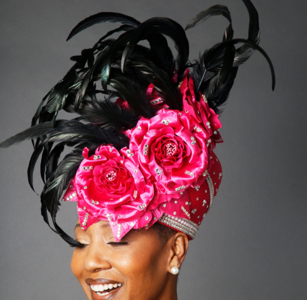 Elegant Black Feather Church Hat with Large Satin Flowers - Perfect for Sunday Services, Weddings & Special Occasions