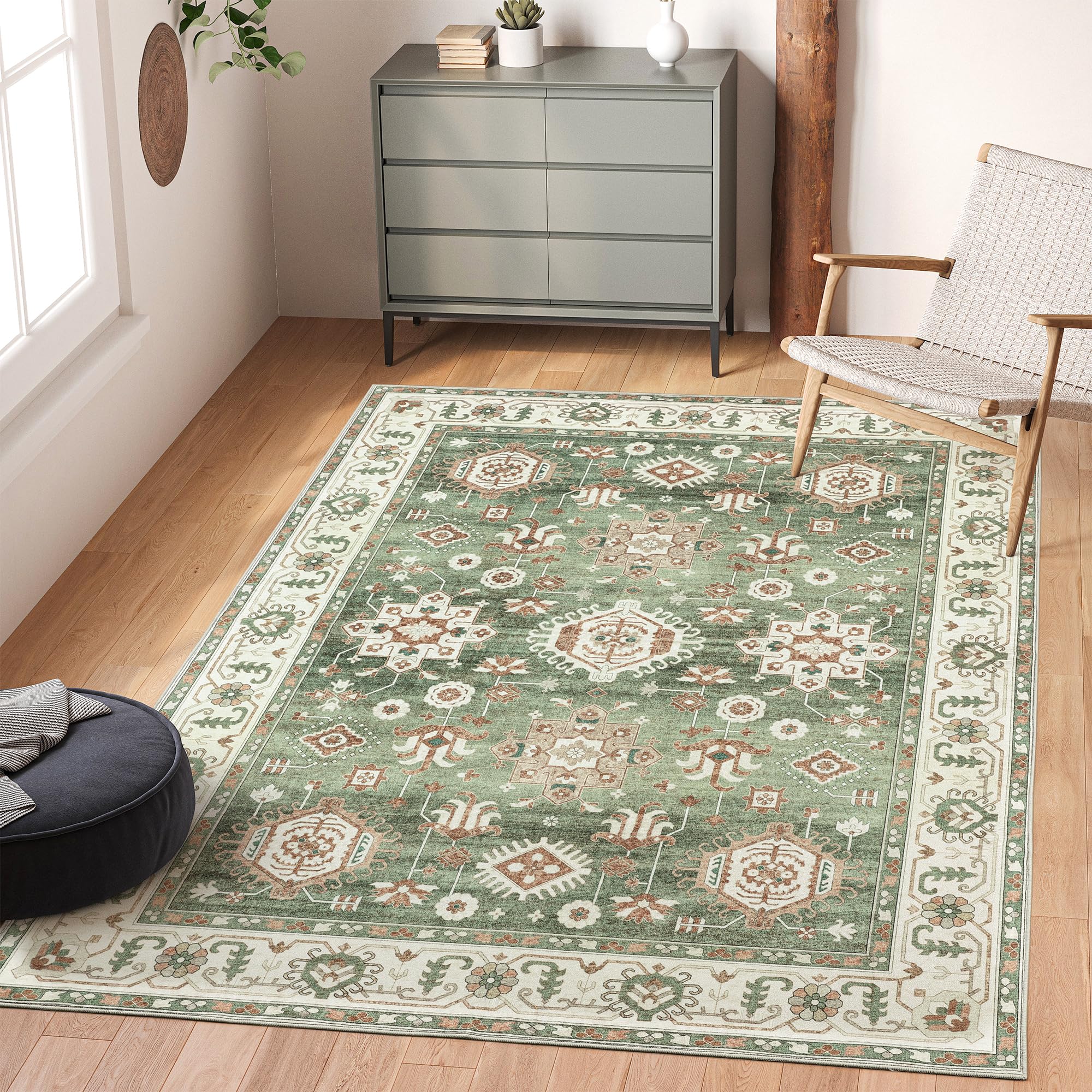 Valenrug 8x10 Area Rug - Machine Washable Non-Slip Living Room Rug, Stain Resistant Bedroom Carpet - Soft Green Indoor Floor Mat for Home Decor (8'x10') - Perfect for Living Spaces, Bedrooms & High-Traffic Areas