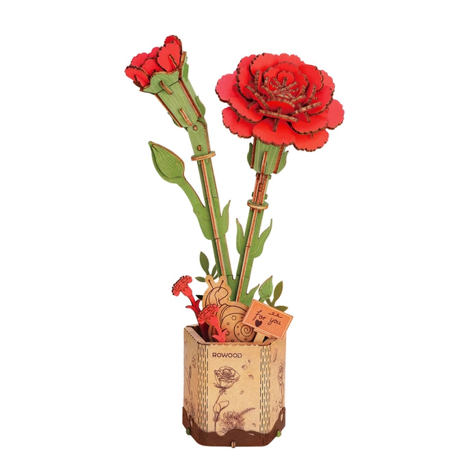 3D Wooden Flower Puzzle Kit - DIY Red Carnation Model for Adults & Teens - Home Decor, Gift Idea, Relaxing Craft Project for Stress Relief & Mindfulness