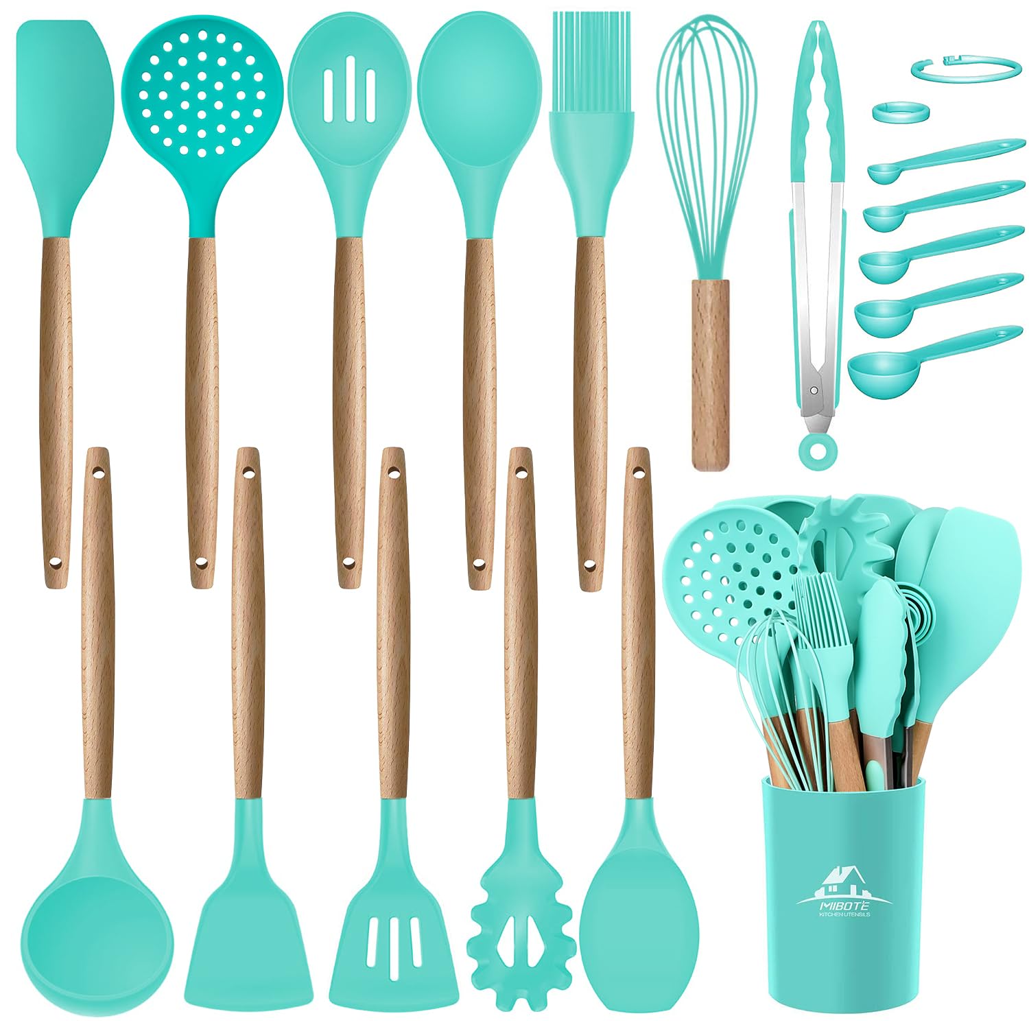 Premium MIBOTE Silicone Cooking Utensil Set with Wooden Handles - 6-Piece BPA-Free Kitchen Tools (Spatula, Turner, Tongs, Spoon) & Storage Holder - Safe for Nonstick Cookware - Teal Color - Ideal for Baking, Frying, and Everyday Cooking