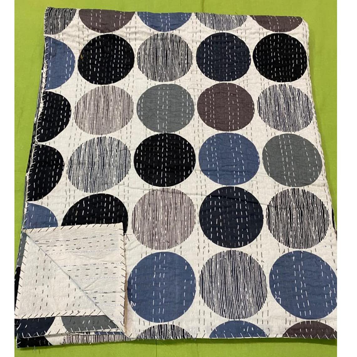 Deepak Textile Pure Cotton Kantha Quilt - Handmade Queen Size Throw Blanket with Black Polka Dot Design | Perfect for Bedroom Decor, Sofa Cover, and Cozy Winter Nights