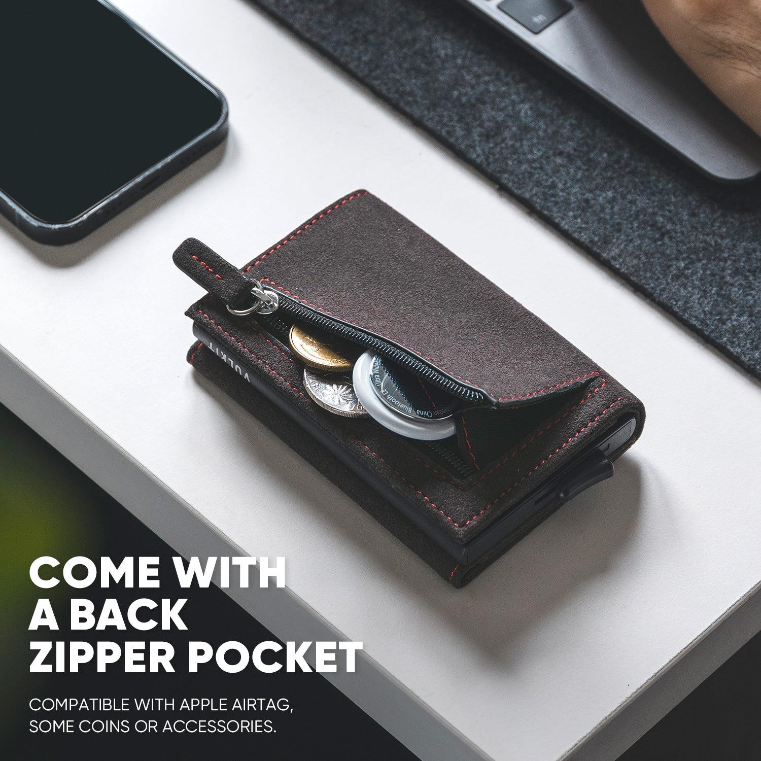 VC203A Genuine Alcantara Leather Tri-Fold Wallet with Back Zipper Slot & Magnetic Closure - Slim RFID Blocking Wallet for Men, Perfect for Travel, Business & Everyday Carry
