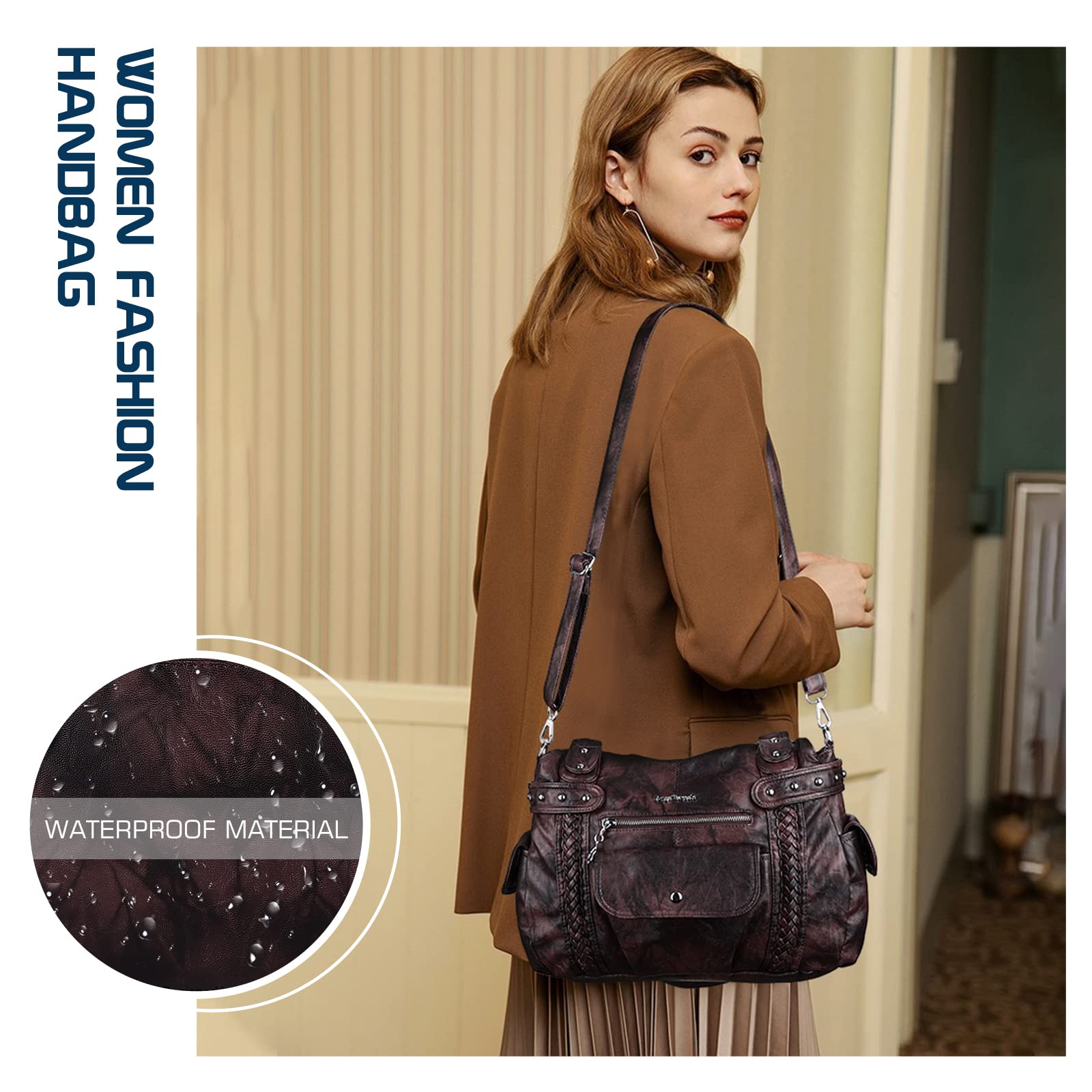 Angel Barcelo Women's Genuine Washed Leather Hobo Handbag - Stylish Shoulder Purse & Satchel Tote Bag for Work, Travel & Everyday Use