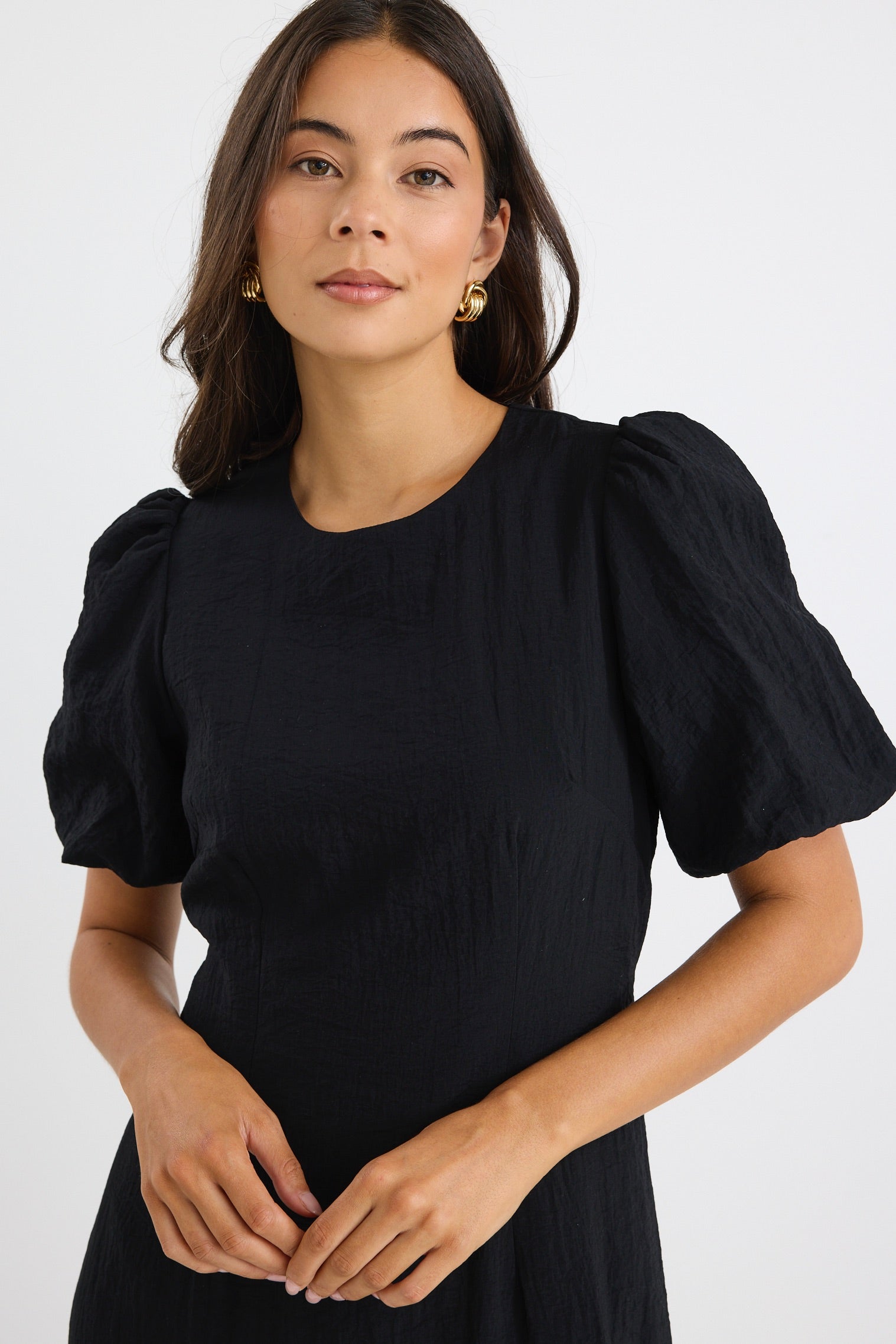 Elder Black Short Puff Sleeve Tie Midi Dress for Women - Elegant Party & Cocktail Attire - Perfect for Weddings, Date Nights & Special Occasions