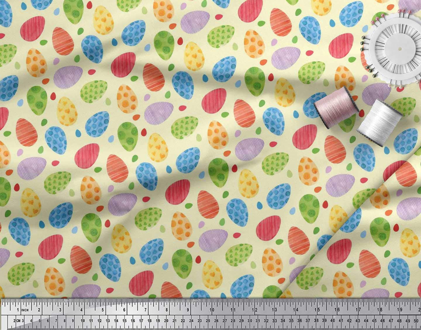 Soimoi 100% Polyester Crepe Fabric - Yellow Easter Egg Print - 52 Inch Wide by The Yard - Lightweight & Durable Textile for DIY Crafts, Easter Decorations, Dressmaking & Home Sewing Projects
