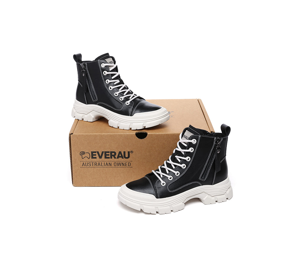 EVERAU® Women's Chunky Leather Boots with Lace-Up & Zipper - Stylish Lorrin Design for Casual Outfits, Winter Fashion & Everyday Wear