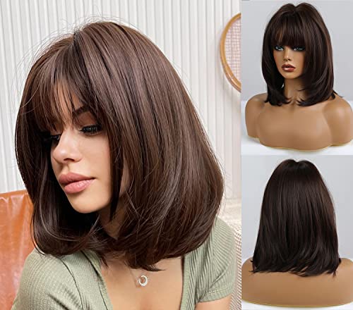Dark Brown Bob Wig with Bangs - Under Curl Styled Synthetic Hair for Women | Perfect for Cosplay, Halloween, Daily Fashion & Party Wear