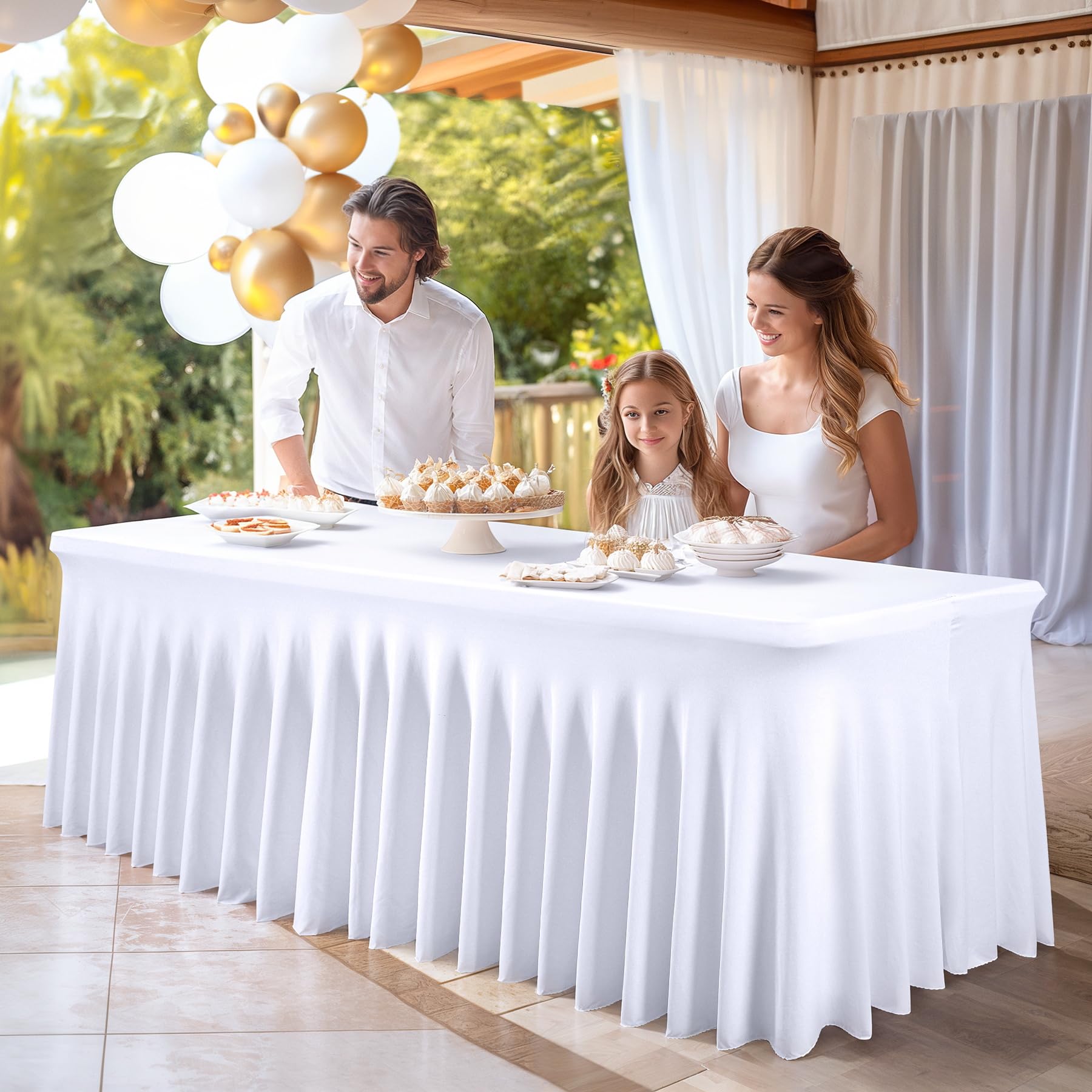 PARTISKY 4ft White Spandex Table Skirt - Stretchable Table Cover for 4 Foot Rectangle Folding Tables - Perfect for Weddings, Banquets & Party Decorations