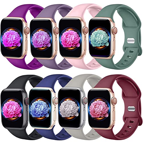 8 Pack Soft Silicone Apple Watch Bands for Women & Men - Compatible with 38mm 40mm 41mm 42mm 44mm 45mm 49mm iWatch Series Ultra/8/7/6/5/4/3/2/1/SE - Breathable Waterproof Sport Strap for Gym, Running & Daily Wear
