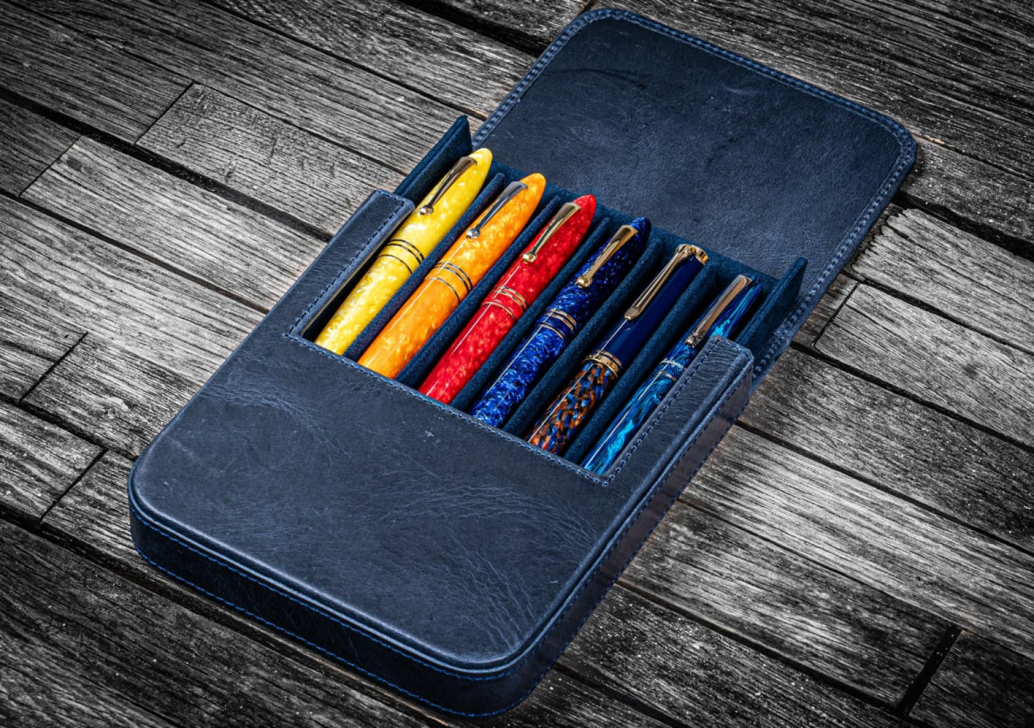 Galen Leather Magnum Opus Six Pen Hard Case with Removable Tray - Premium Crazy Horse Navy Blue Leather Pen Holder for Fountain Pens, Ballpoints & Rollerballs - Perfect for Travel, Office & Gift Giving