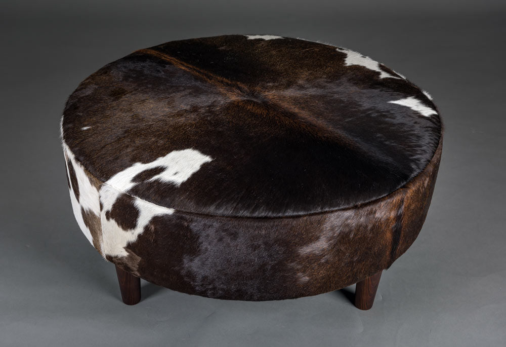 Premium Cowhide Ottoman with Round Wooden Legs - 95x95x40cm - Stylish Footstool & Extra Seating for Living Room, Bedroom or Office