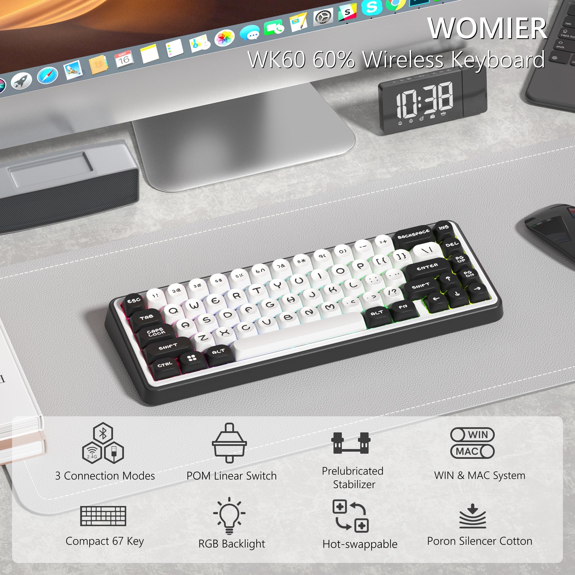Womier WK60 Wireless Mechanical Gaming Keyboard - Hot Swappable RGB, Bluetooth/2.4GHz/USB-C for PC Gaming