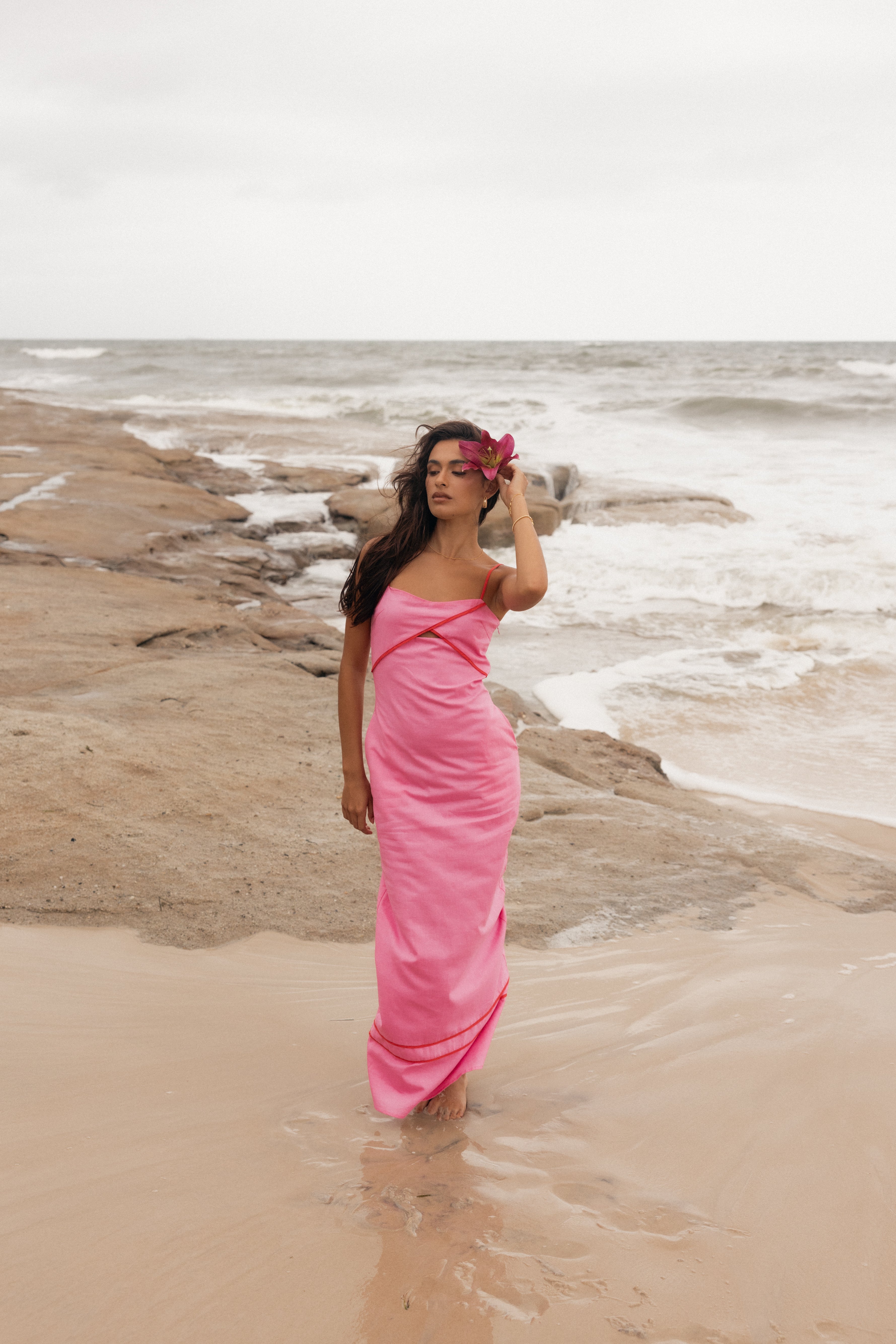 Callie Contrast Trim Maxi Dress - Flowy Long Pink Summer Dress for Women | Beach Wedding, Vacation & Party Wear