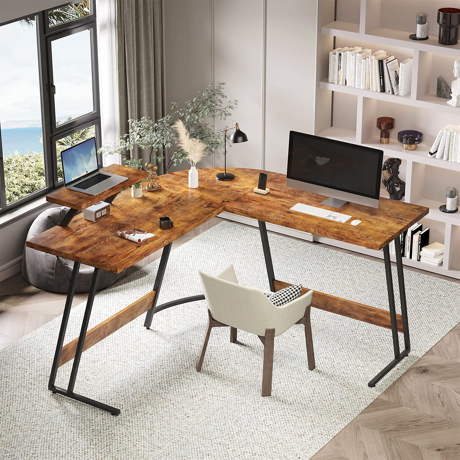 Devoko 51” L-Shaped Gaming Desk - Corner Computer Desk with Monitor Stand, Home Office Workstation for Small Spaces, Rustic Brown - Perfect for Gaming, Studying & Remote Work