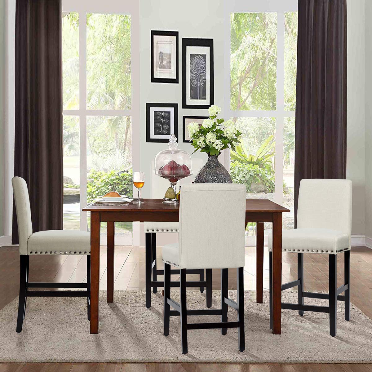 S AFSTAR Set of 4 Mid Century Modern Dining Chairs - Upholstered Fabric Counter Height Stools with High Resilience Sponge Seat & Rubber Wood Legs for Kitchen, Bar, Dining Room - Beige (4-Piece Set) - Perfect for Breakfast Nooks, Kitchen Islands and Small Space Dining