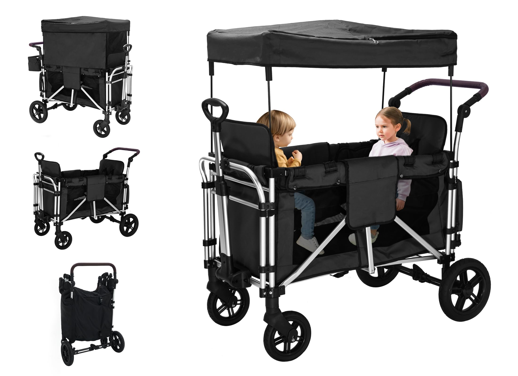 **2-in-1 Stroller Wagon for Kids - Double Seats with 5-Point Safety Harness, Adjustable Canopy & Foldable Design - Perfect for Outdoor Adventures, Shopping, Beach Trips & Family Outings (Black)**