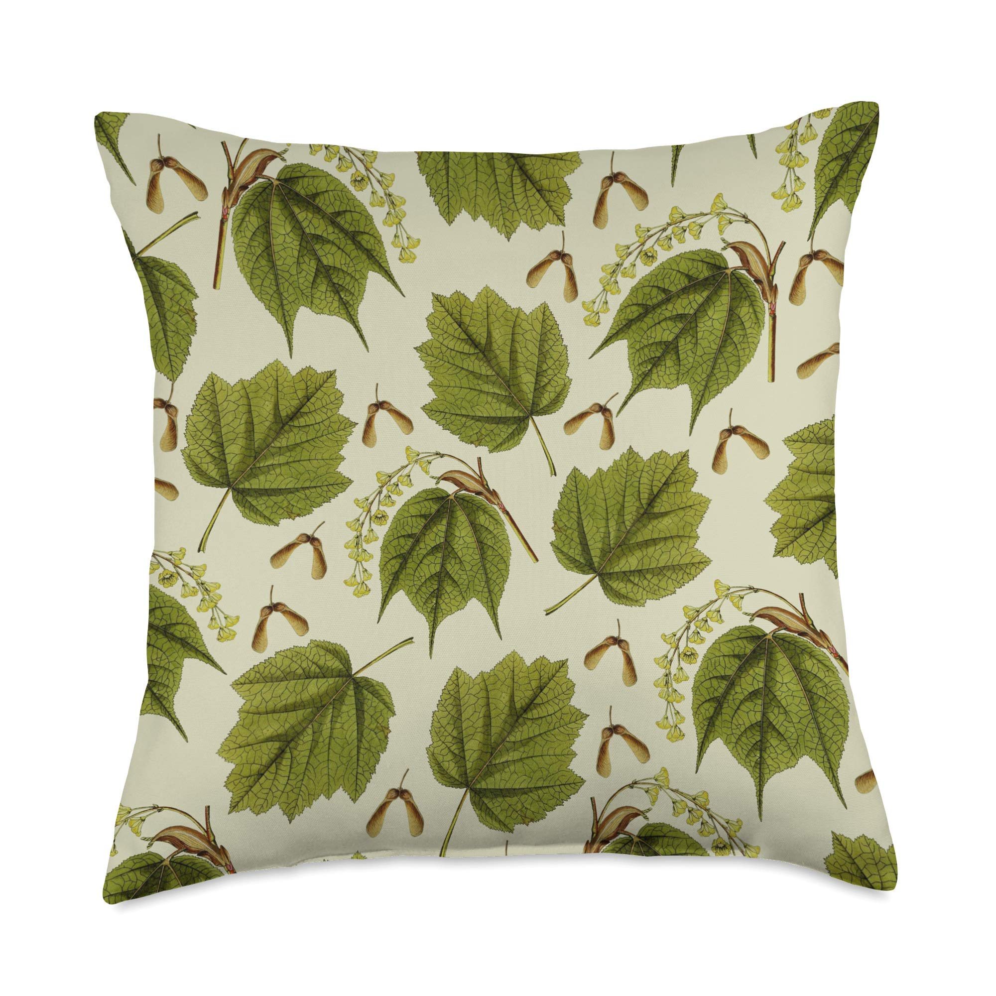 Vintage Botanical Green Maple Leaves with Helicopter Seeds Throw Pillow Cover 18x18 Inch - Decorative Fall Autumn Home Decor for Living Room, Bedroom, Sofa Couch