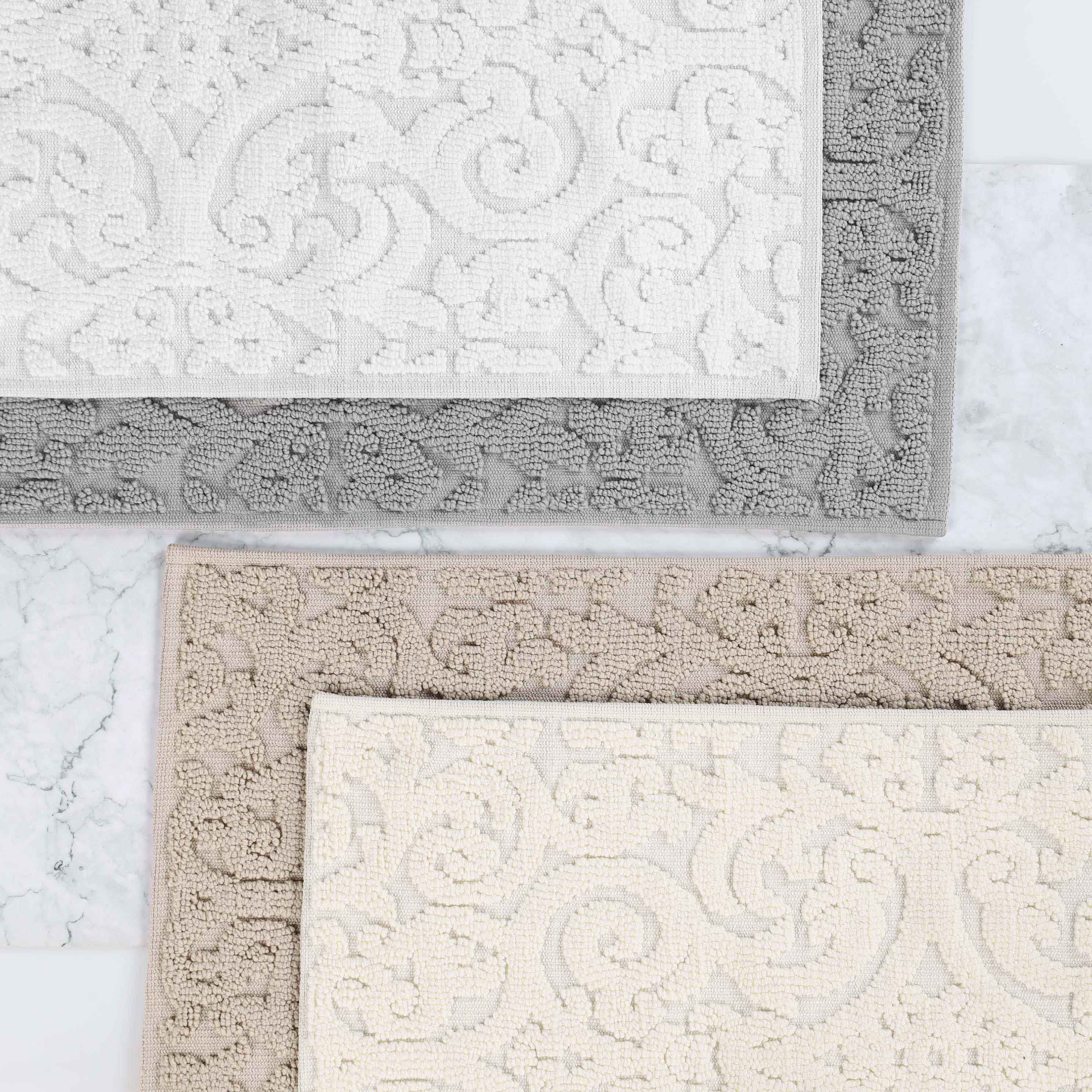 Venere Floral Scroll Textured Machine Washable Bath Rugs Set of 2 - Soft Non-Slip Bathroom Mats for Shower, Tub & Vanity Area