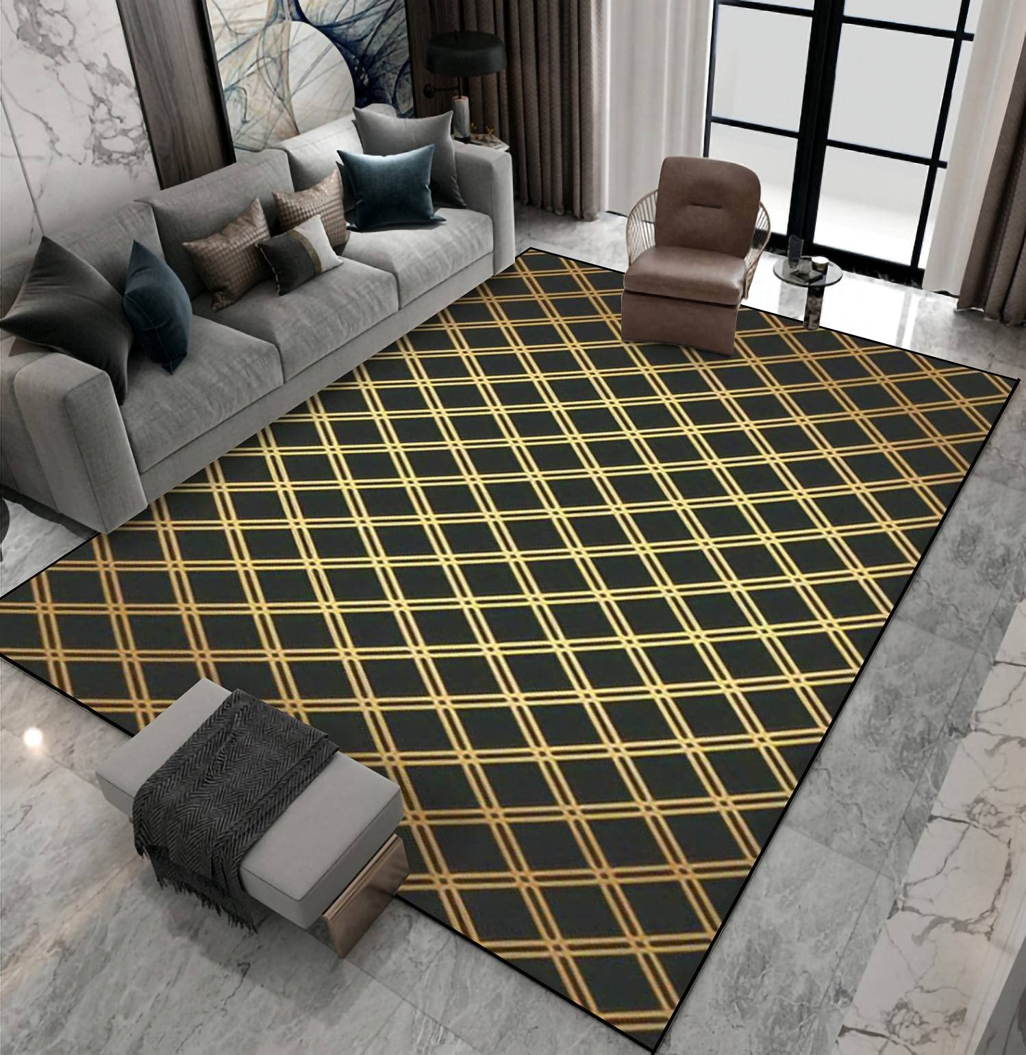 Non-Slip Area Rug with Golden Retro Geometric Grid Pattern - Reversible Indoor Outdoor Carpet for Living Room, Bedroom, Kids Room, Yoga Studio, Patio & Home Decor | Durable Floor Mat for High Traffic Areas