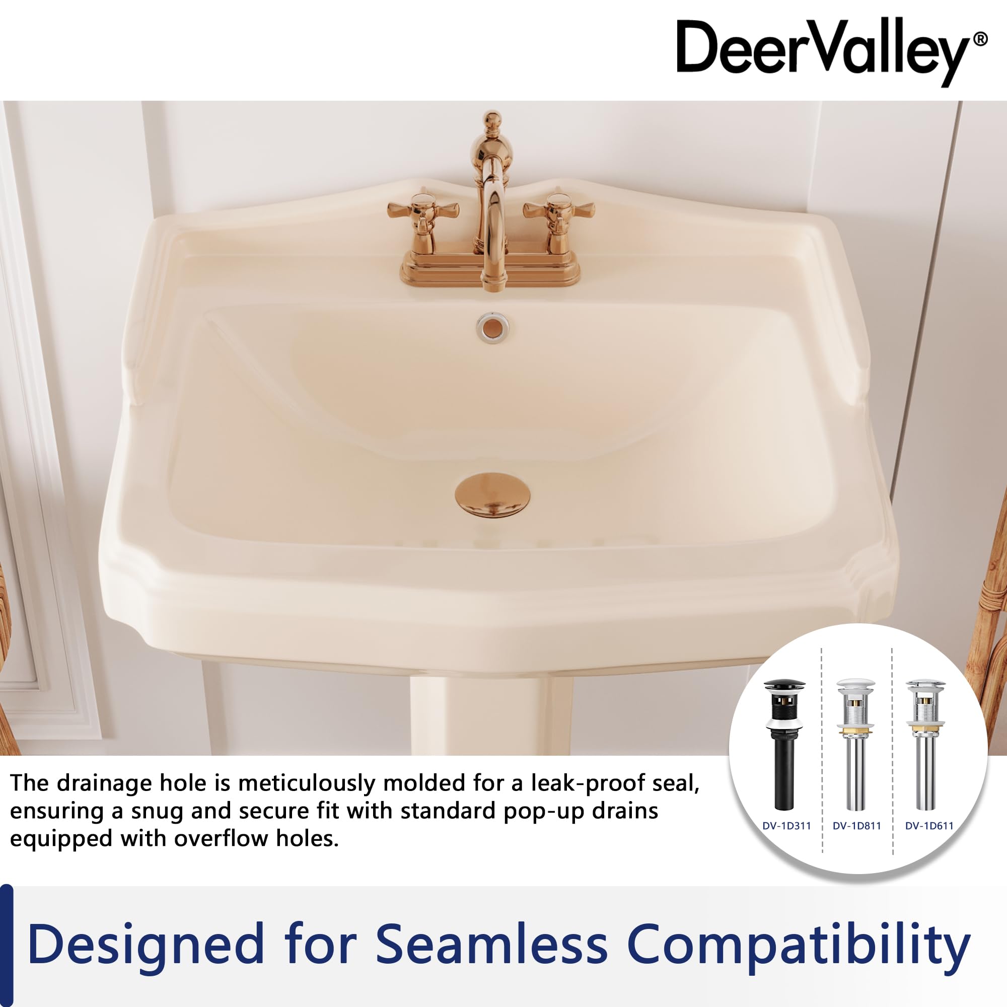 DeerValley 23x19 Inch Ceramic Pedestal Bathroom Sink with Overflow & 3 Faucet Holes - Modern Vanity Basin for Powder Room, Guest Bath or Master Bath Installation