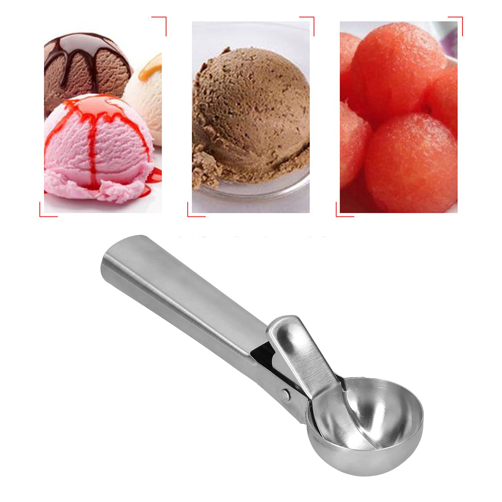Premium Stainless Steel Ice Cream Scoop with Non-Stick Surface - Perfect for Scooping Ice Cream, Gelato, Sorbet & Digging Fruits (Silver) - Ideal for Home Kitchens, Ice Cream Shops & Dessert Parties