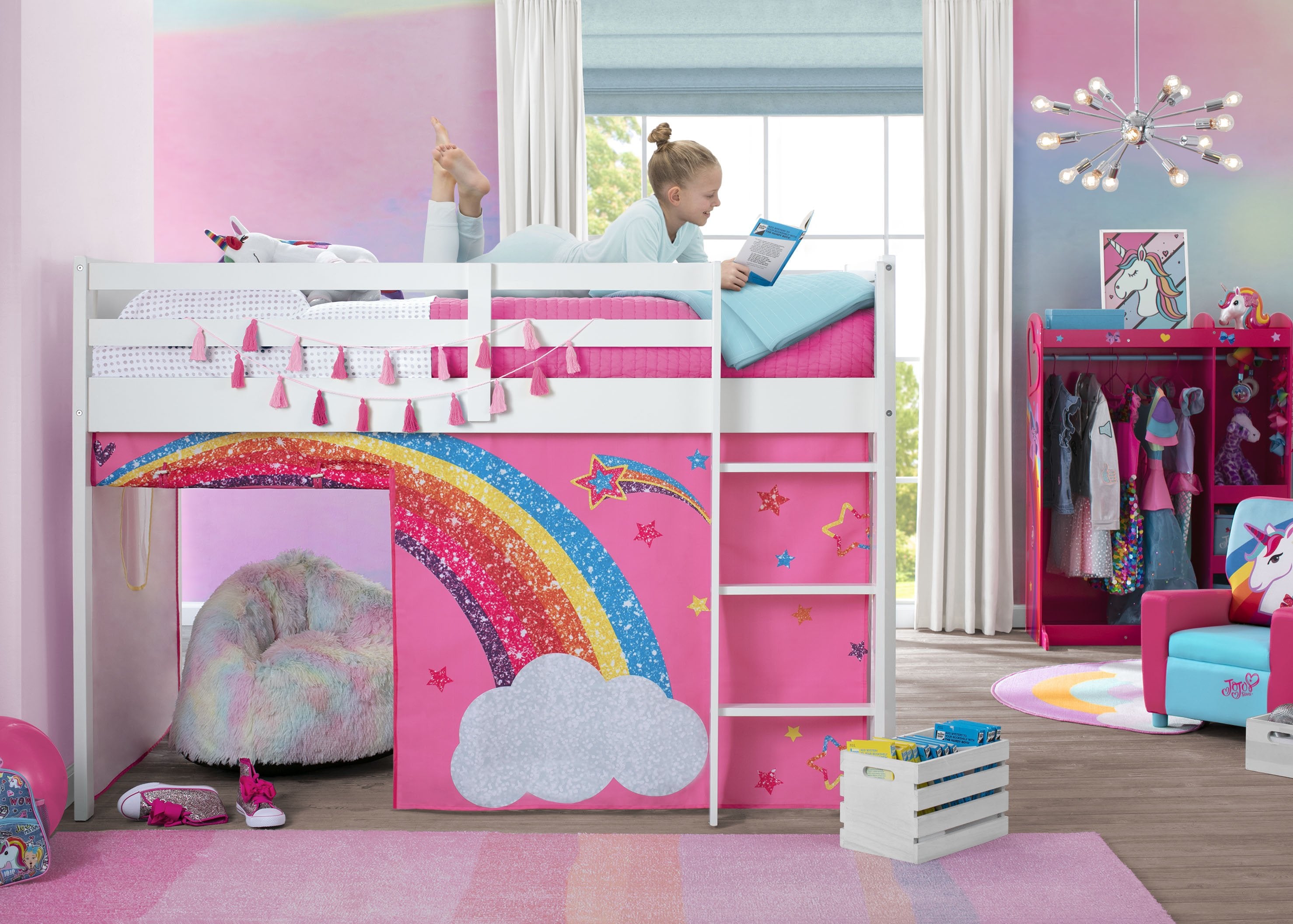 JoJo Siwa Twin Loft Bed Tent & Curtain Set - Pink Glitter Canopy for Kids Room Decor (Bed Sold Separately) - Perfect for Sleepovers, Playtime & Princess Themed Bedrooms
