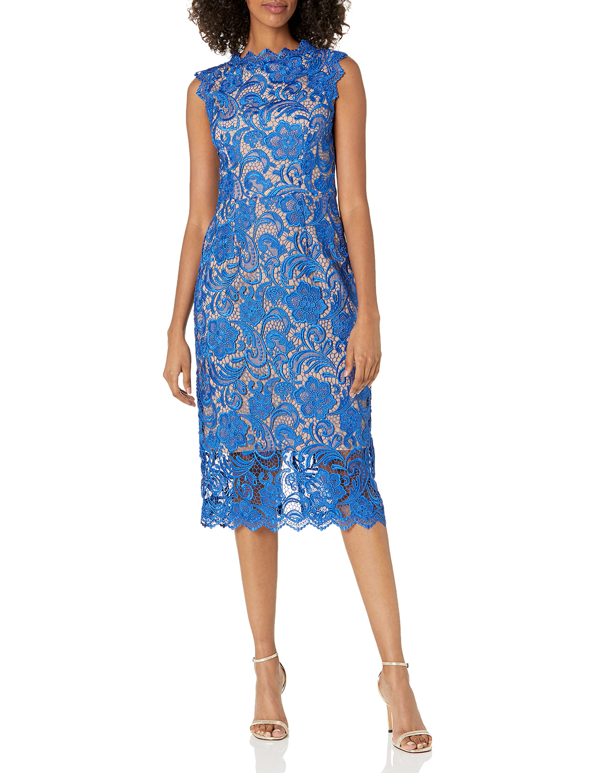 Dress the Population Women's Claudette Lace Sheath Midi Dress - Elegant Formal & Wedding Guest Dress for Special Occasions