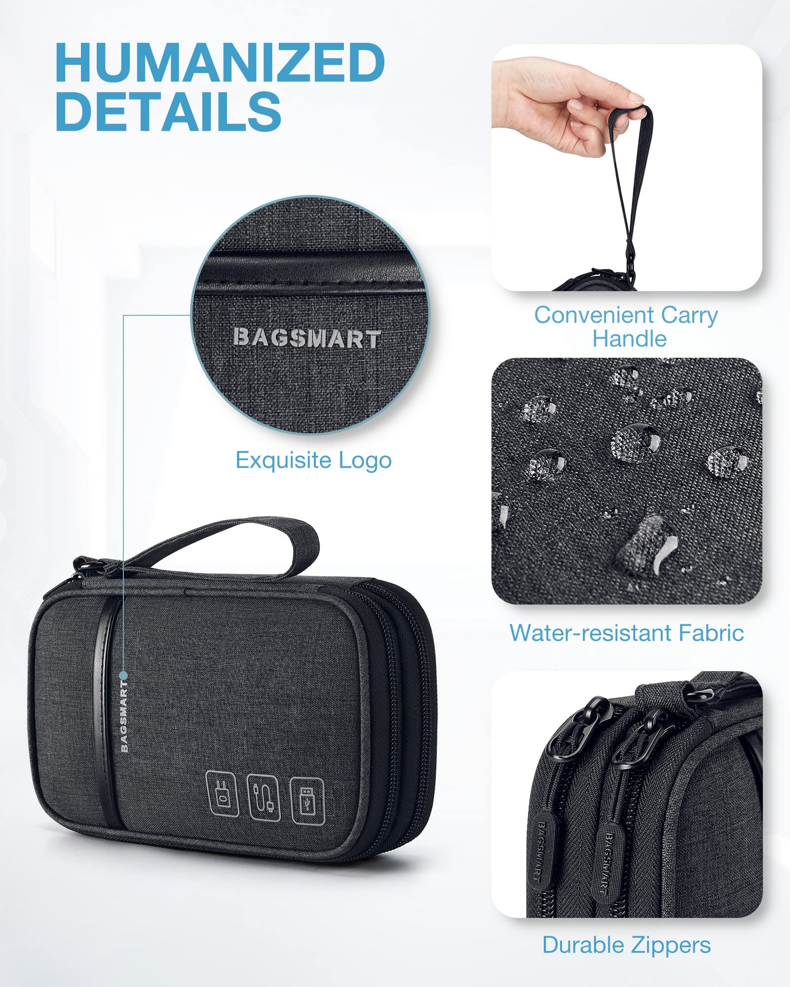 BAGSMART Travel Cable Organizer Bag - Double Layer Electronic Cord Organizer Case for Charger, Phone, USB, Flash Drive - Perfect for Business Trips, Office & Home Organization (Black)