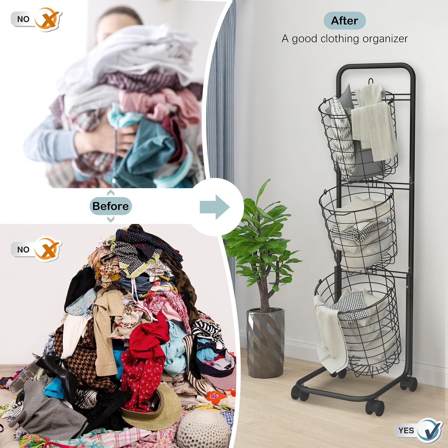 3-Tier Rolling Laundry Hamper with Removable Wire Baskets - 48.4x12.6x9.7 Inch Large Laundry Organizer for Clothes Sorting - Perfect for Laundry Room, Dorm, Apartment & Home Storage Solutions