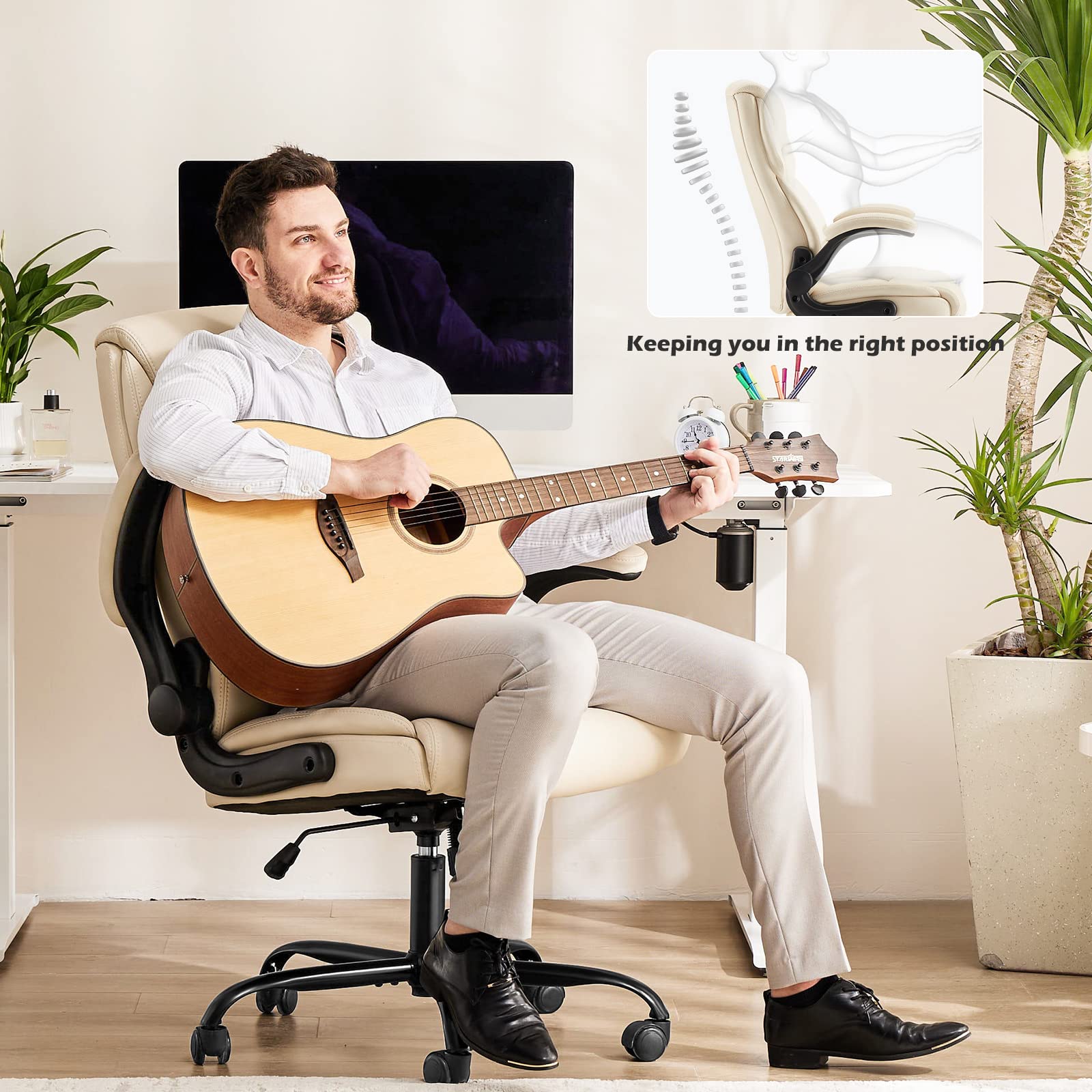 Ergonomic Executive Office Chair with Adjustable Flip-Up Armrests & Lumbar Support - Swivel Computer Desk Chair with Strong Metal Base & PU Leather (White) - Perfect for Home Office, Gaming, and Workspaces