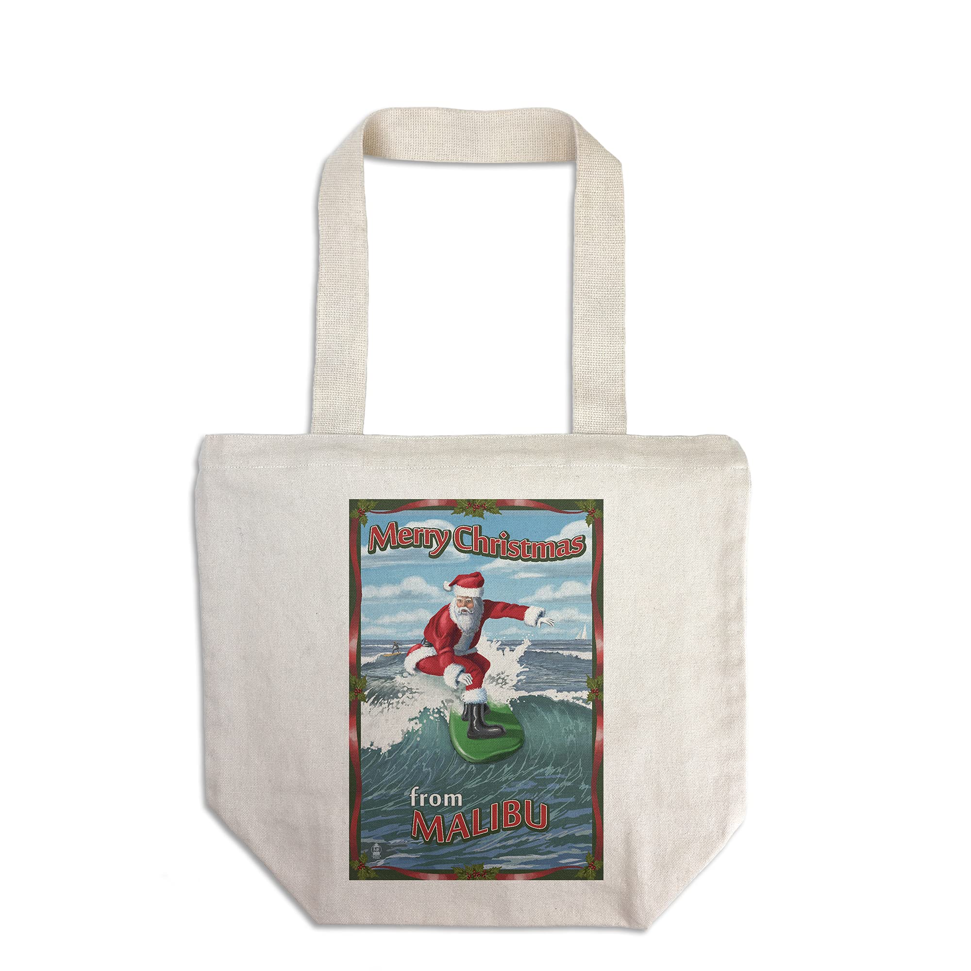 Lantern Press Malibu California Santa Surfing Tote Bag - 100% Cotton Canvas Reusable Shopping Bag for Beach, Groceries & Eco-Friendly Lifestyle