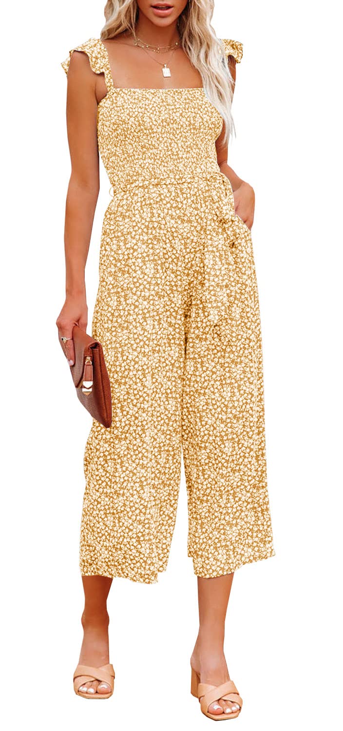MITILLY Women's Summer Boho Floral Jumpsuit with Ruffle Sleeves, High Waist Wide Leg Romper with Pockets - Perfect for Beach Vacations, Music Festivals & Casual Outings