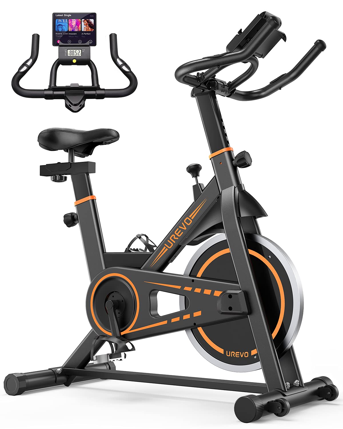 UREVO Indoor Cycling Bike - 35lbs Flywheel Stationary Exercise Bike with Adjustable Resistance, 330lbs Weight Capacity | Includes Workout Mat & 4 Resistance Bands | Quiet Home Gym Equipment for Cardio, Weight Loss & Full-Body Workouts