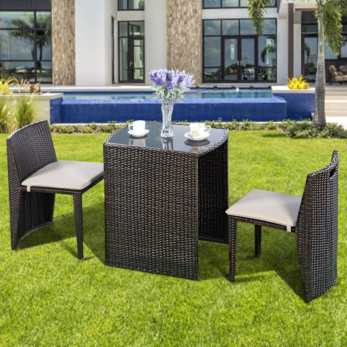 Giantex 3-Piece Outdoor Patio Furniture Set - Cushioned Wicker Bistro Sofa for Garden, Lawn, Balcony - Space-Saving Conversation Set, No Assembly Required (Brown) - Perfect for Relaxing, Entertaining, and Outdoor Dining