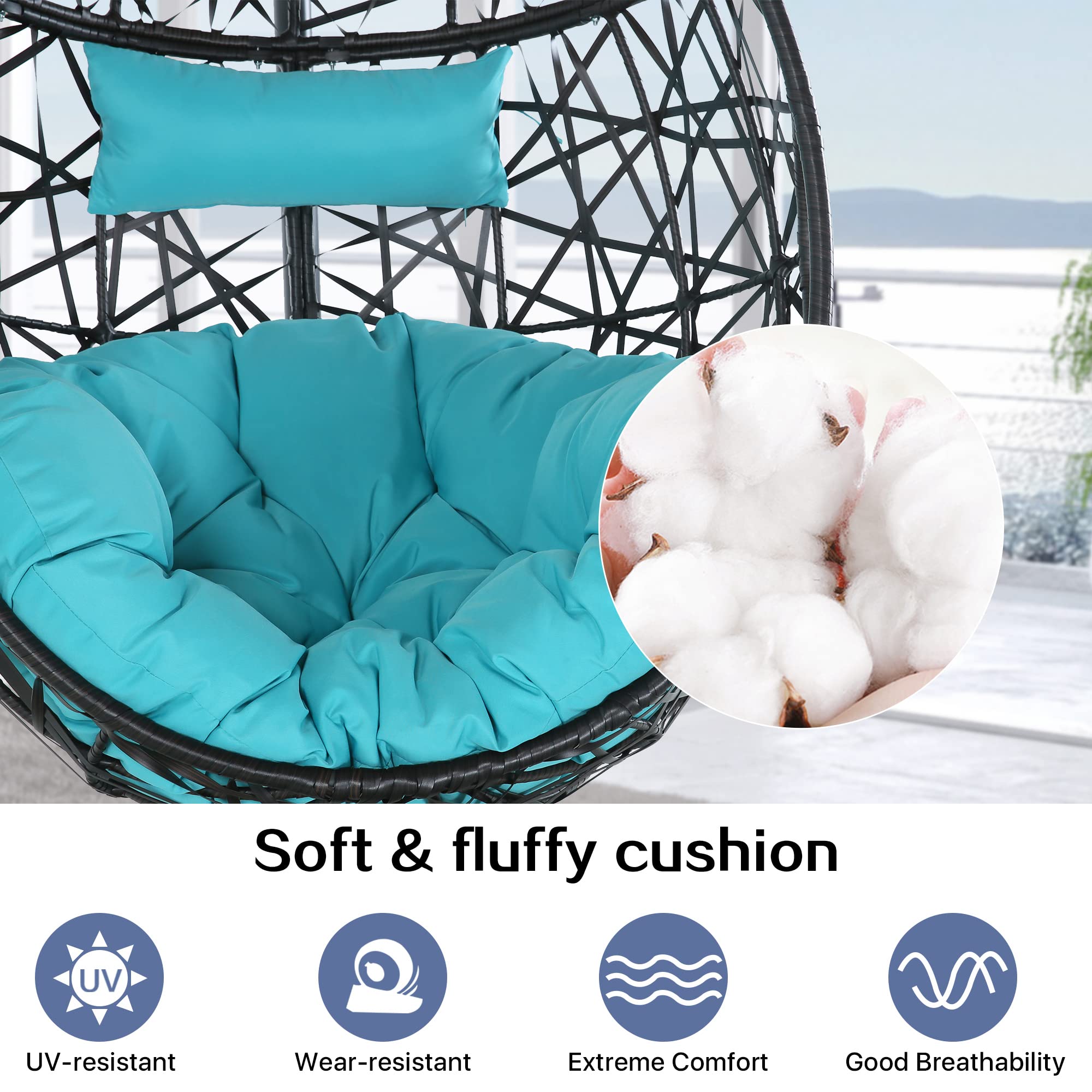 Outdoor Wicker Hanging Egg Chair with Cushion & Stand - Blue Patio Swing Hammock for Garden, Balcony, or Backyard Relaxation