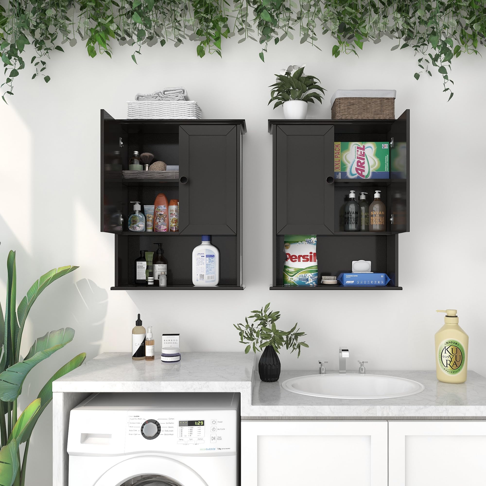 24x30 Inch Black Wooden Over Toilet Bathroom Wall Cabinet with Adjustable Shelf & Soft Hinge - 2-Door Wall Mounted Medicine Storage Cabinet with Metal Handle for Bathroom Organization & Small Space Saving