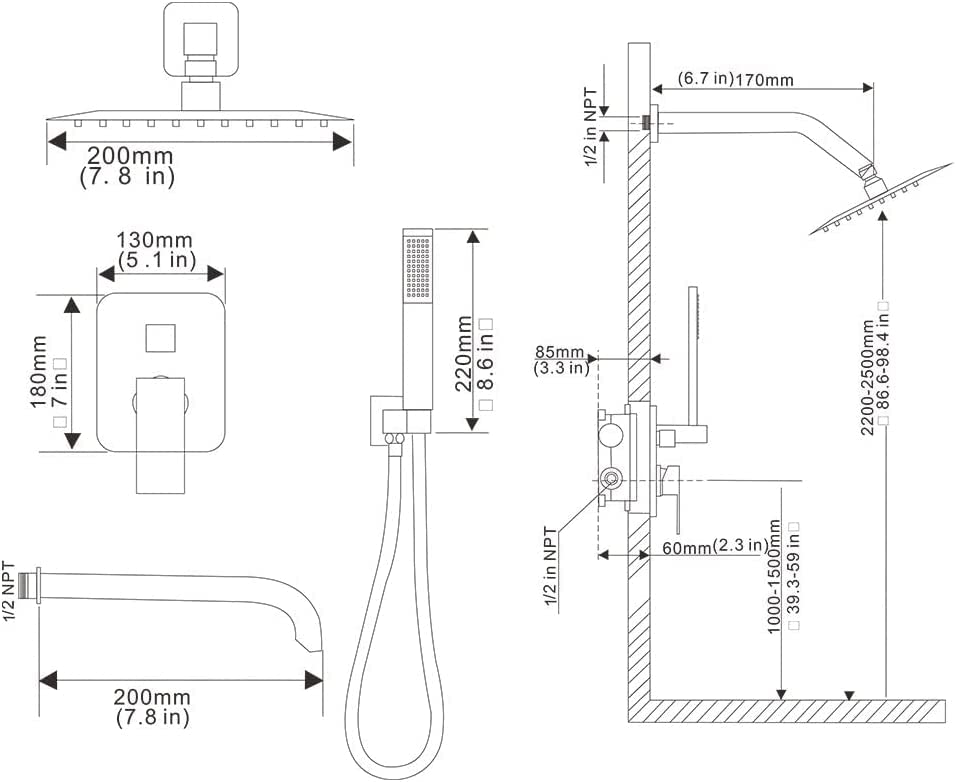 8 Inch Chrome Shower Faucet Set - Wall Mounted Tub and Shower System with Handheld Sprayer, 3-Function Shower Head & Rough-in Valve - Perfect for Modern Bathroom Renovations and Spa-Like Showers