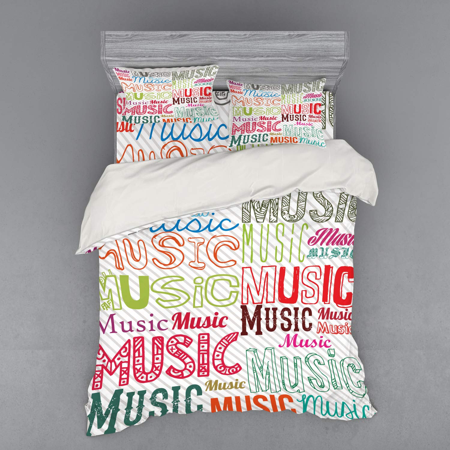 Ambesonne Modern 4-Piece Duvet Cover Set Queen Size - Music Typography Design with Rhythm, Acoustic, Harmony & Melody Patterns, Funky Illustration Multicolor Bedding Set with Shams & Fitted Sheet | Perfect for Contemporary Bedrooms, Music Lovers' Homes & Stylish Guest Rooms