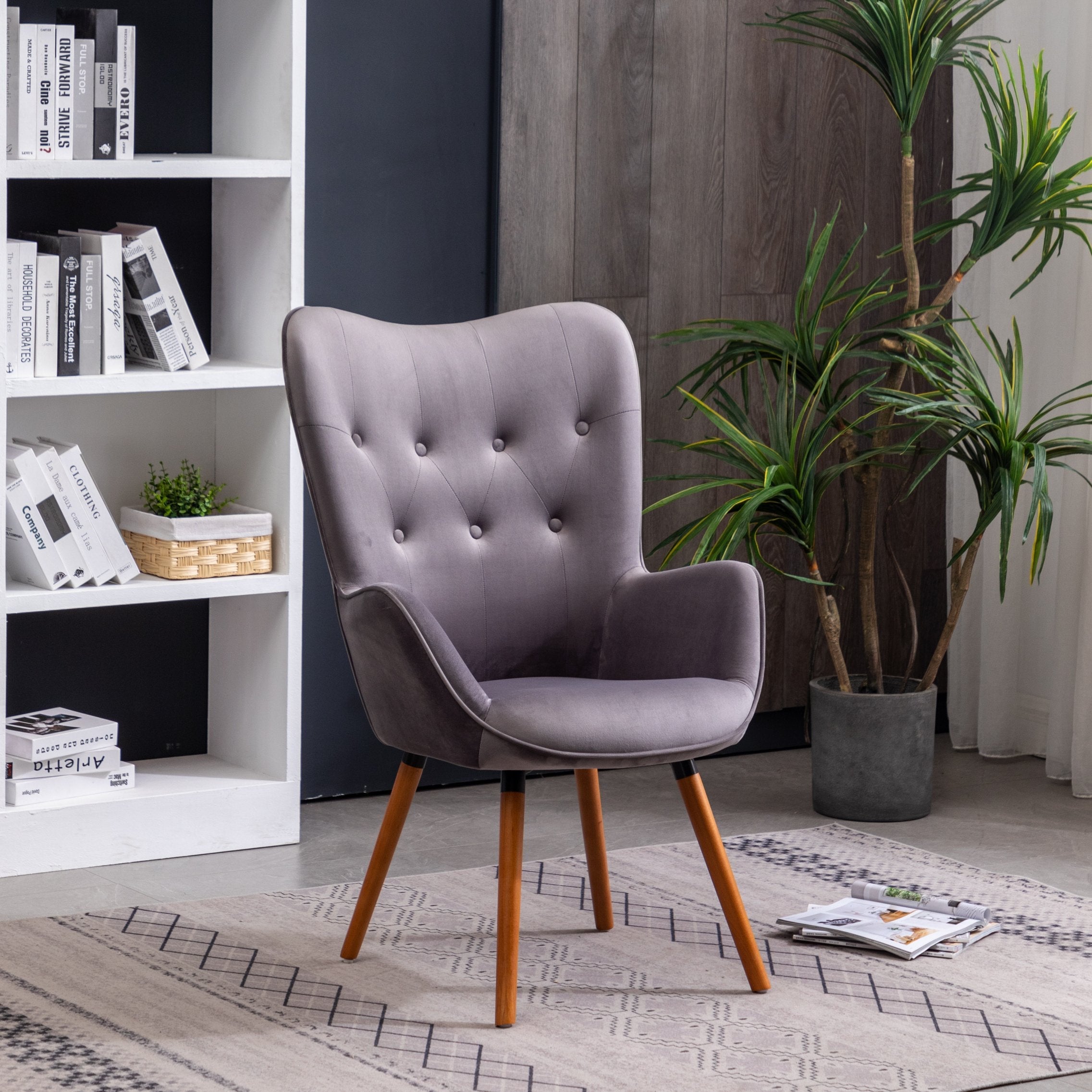 Roundhill Furniture Doarnin Contemporary Silky Velvet Tufted Button Back Accent Chair - Gray Velvet Upholstered Lounge Chair for Living Room, Bedroom & Office Decor