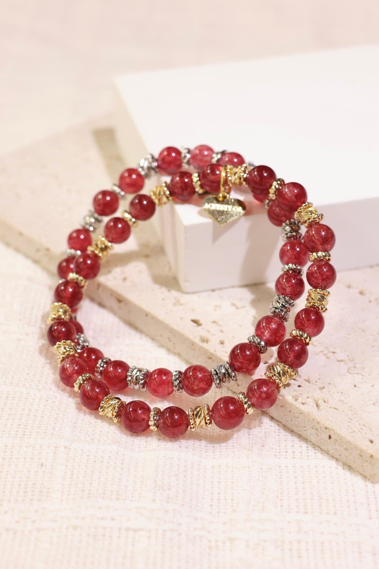 Strawberry Quartz Beaded Bracelet for Women - Natural Healing Crystal Jewelry for Stress Relief & Positive Energy - Perfect for Meditation, Yoga & Everyday Wear