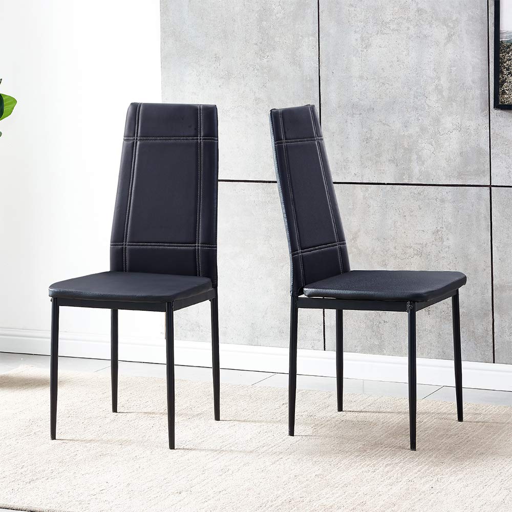 Premium Faux Leather High Back Dining Chairs Set of 4 - Modern Black Metal Legs for Kitchen, Dining Room & Living Room - Comfortable Checker Pattern Side Chairs - Perfect for Family Dinners, Entertaining Guests & Home Decor