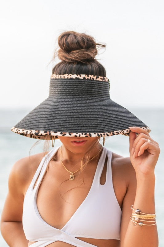 Foldable Straw Hat with Leopard Print Bow Visor - Summer Beach Hat for Women, Outdoor Sun Protection for Travel, Gardening, and Vacations
