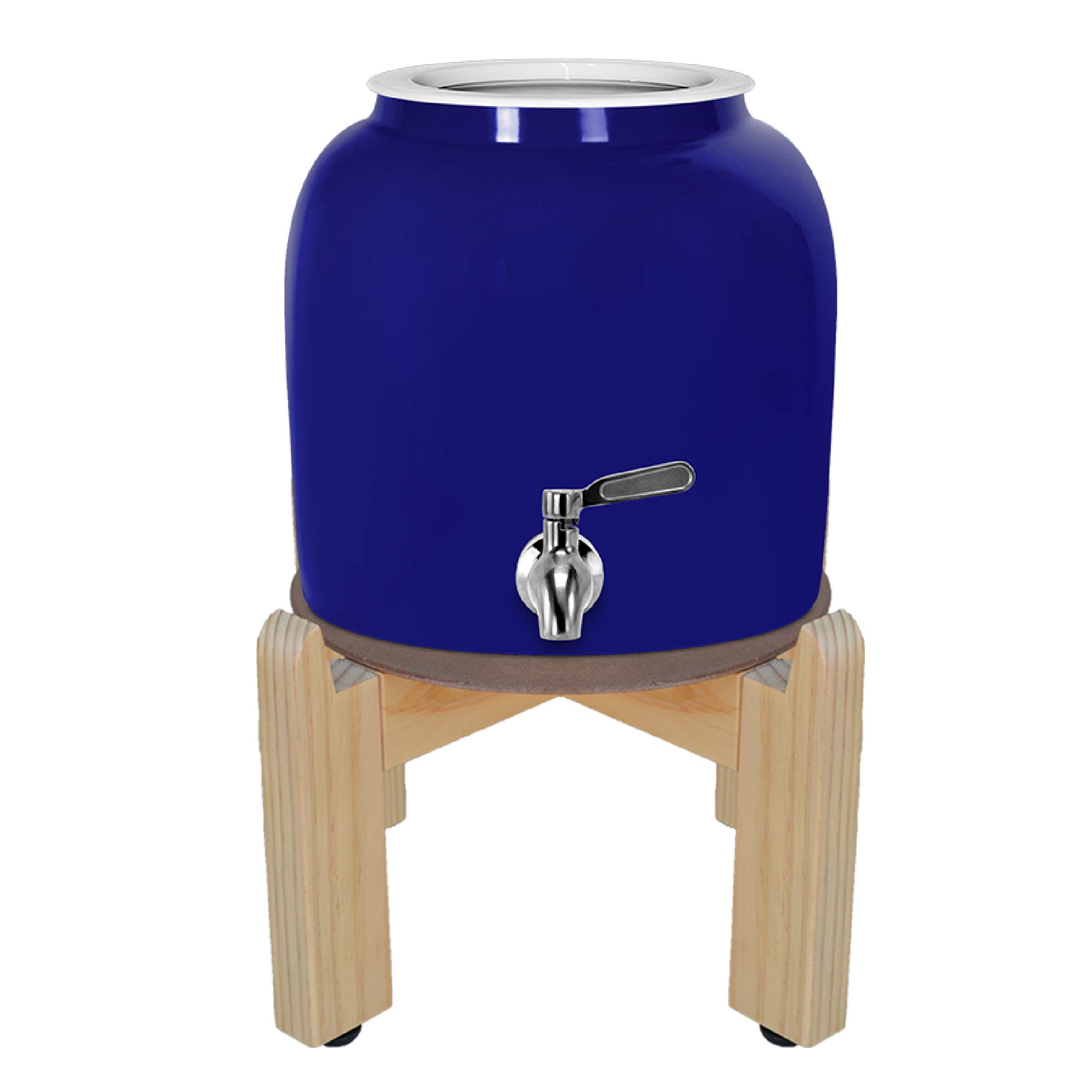 Geo Sports 8-Inch Porcelain Ceramic Water Dispenser with Wood Stand & Stainless Steel Faucet - 3-5 Gallon Jug Compatible - Blue - Perfect for Home, Office, or Outdoor Use