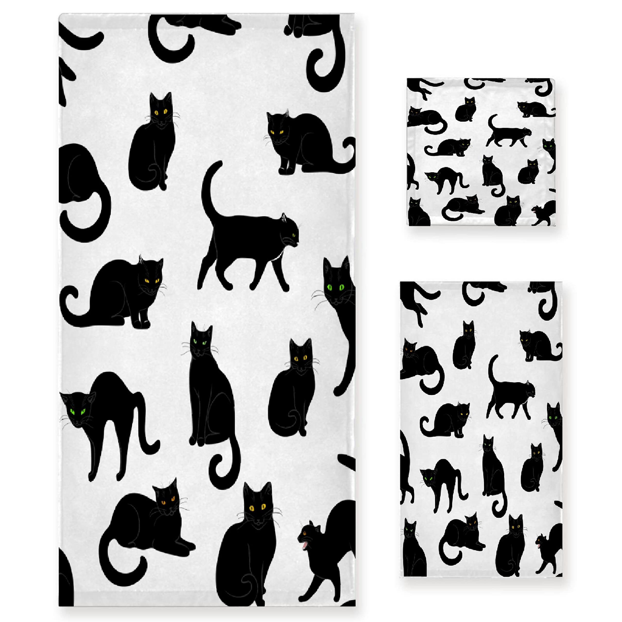 Premium Black Cat 3-Piece Bath Towel Set - 1 Bath Towel, 1 Hand Towel, 1 Washcloth - 100% Cotton Soft Absorbent Quick-Dry Towels for Bathroom, Kitchen & Home Decor - Perfect Gift for Cat Lovers & Cozy Home Essentials