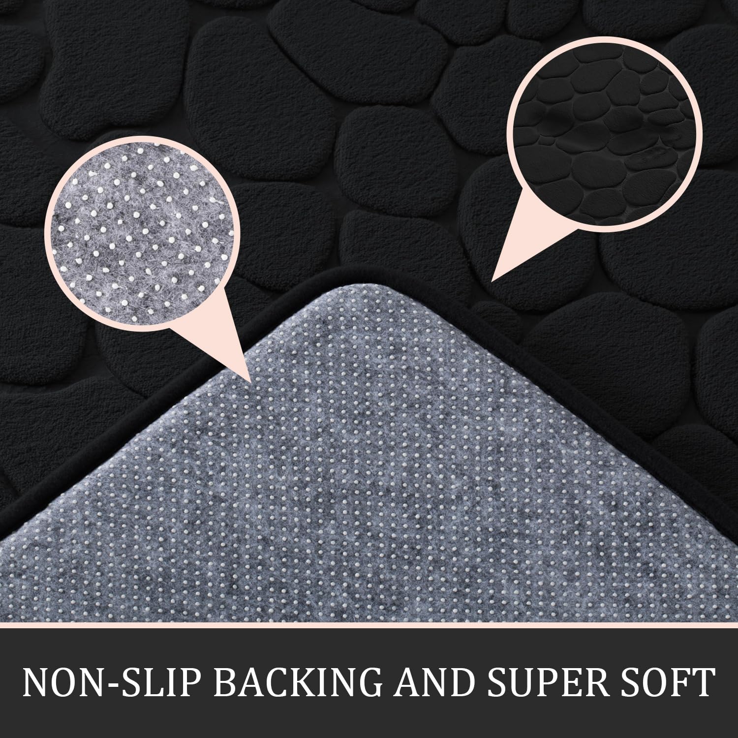 YIHOUSE 2-Piece Cobblestone Memory Foam Bathroom Rug Set - Extra Thick Non-Slip Bath Mats, Super Absorbent & Machine Washable - Soft Black Bath Rugs for Tub, Shower, Toilet & Floor - Perfect for Bathroom Safety and Comfort