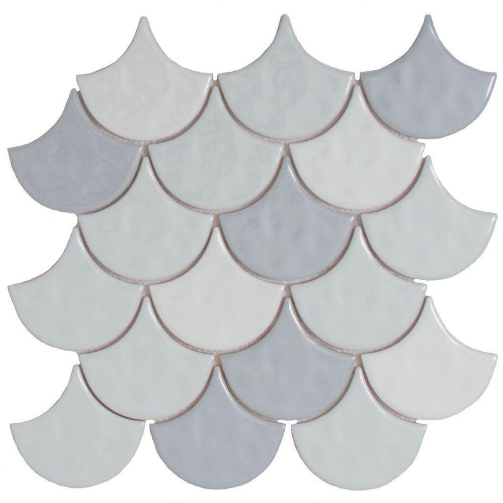 Scallop Ceramic Mosaic Wall Tile - Mist Blue Handmade Bathroom Backsplash for Kitchen & Shower Decor