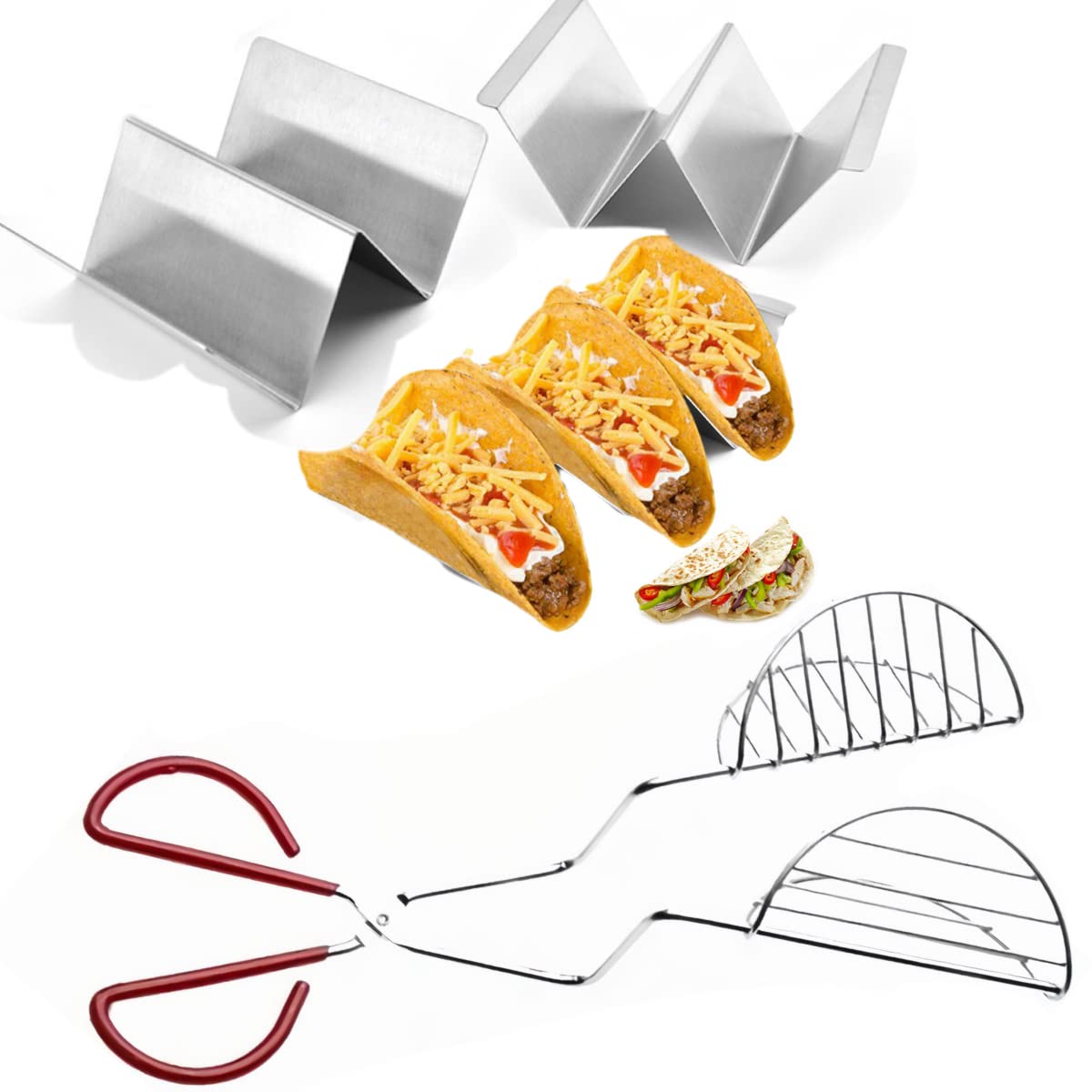 3-Pack Taco Shell Maker Press with Tortilla Fryer Tongs & Metal Stands - Easy Homemade Stand-Up Tacos for Parties, Cinco de Mayo & Family Dinners