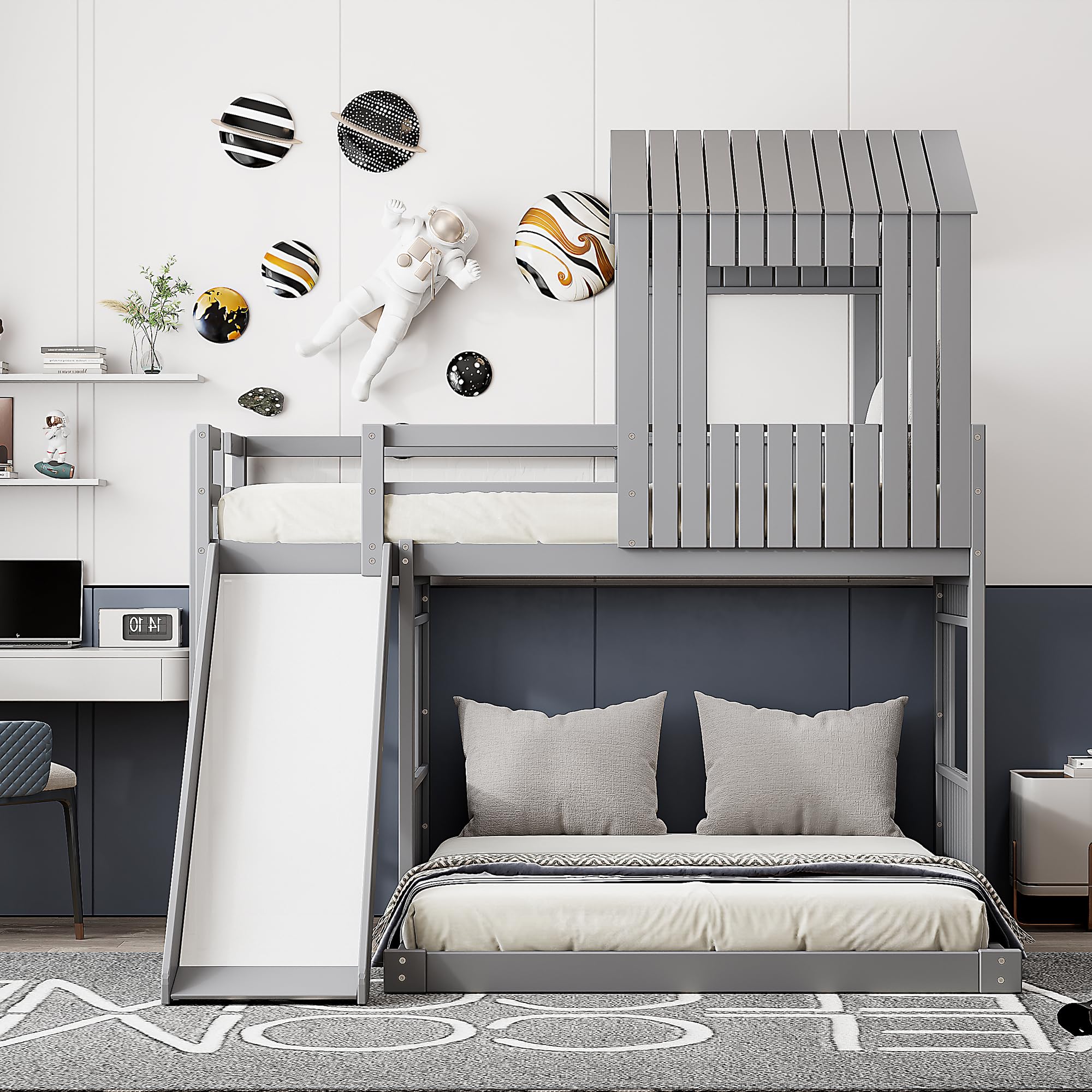 **MERITLINE Twin Over Full Bunk Bed with Slide & Playhouse Design - Wooden Kids Bunk Bed with Roof, Windows & Ladder - Gray - Perfect for Boys & Girls Bedroom, Playroom or Small Space**    (Note: The original title was already in English, so no translation was needed. The optimized version improves readability, adds relevant keywords, and includes usage scenarios like 